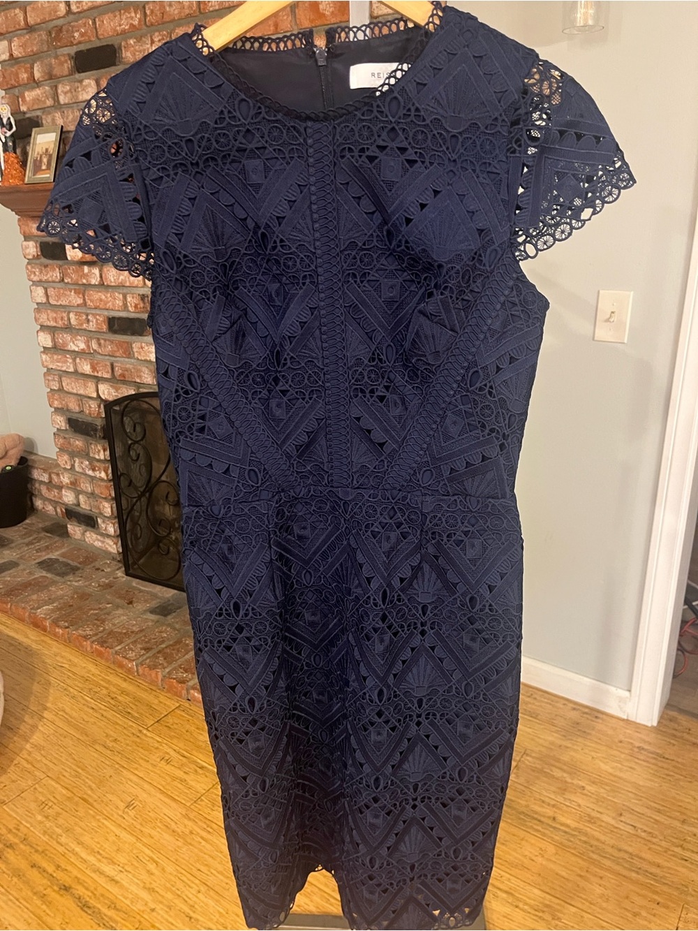 Reiss Navy Geometric Lace Sheath Dress